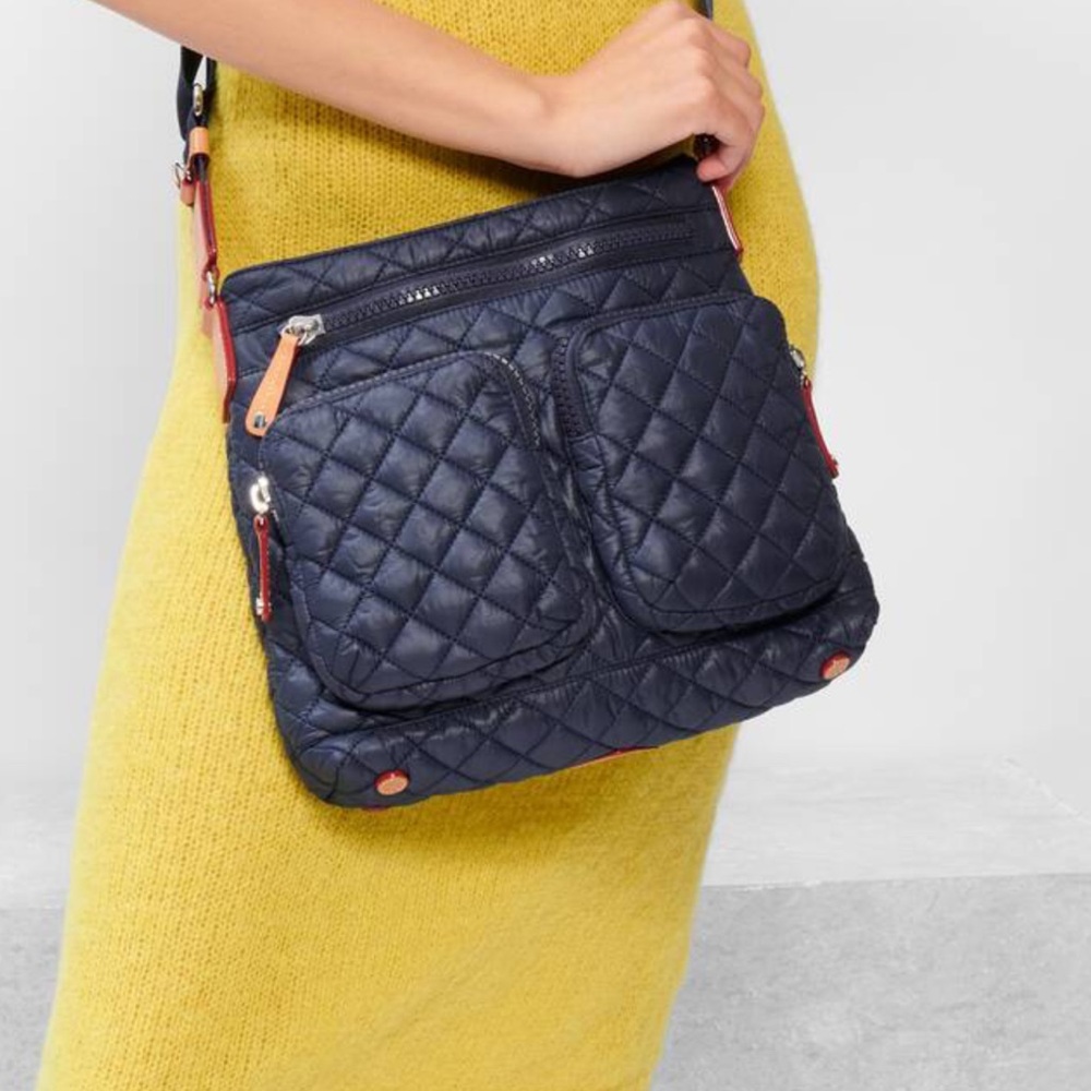 MZ Wallace Quilted Navy Crossbody with Coral Accent